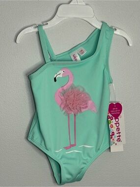 Wippette Baby girl Swim suit in Green with Pink Flamingo size 12 months